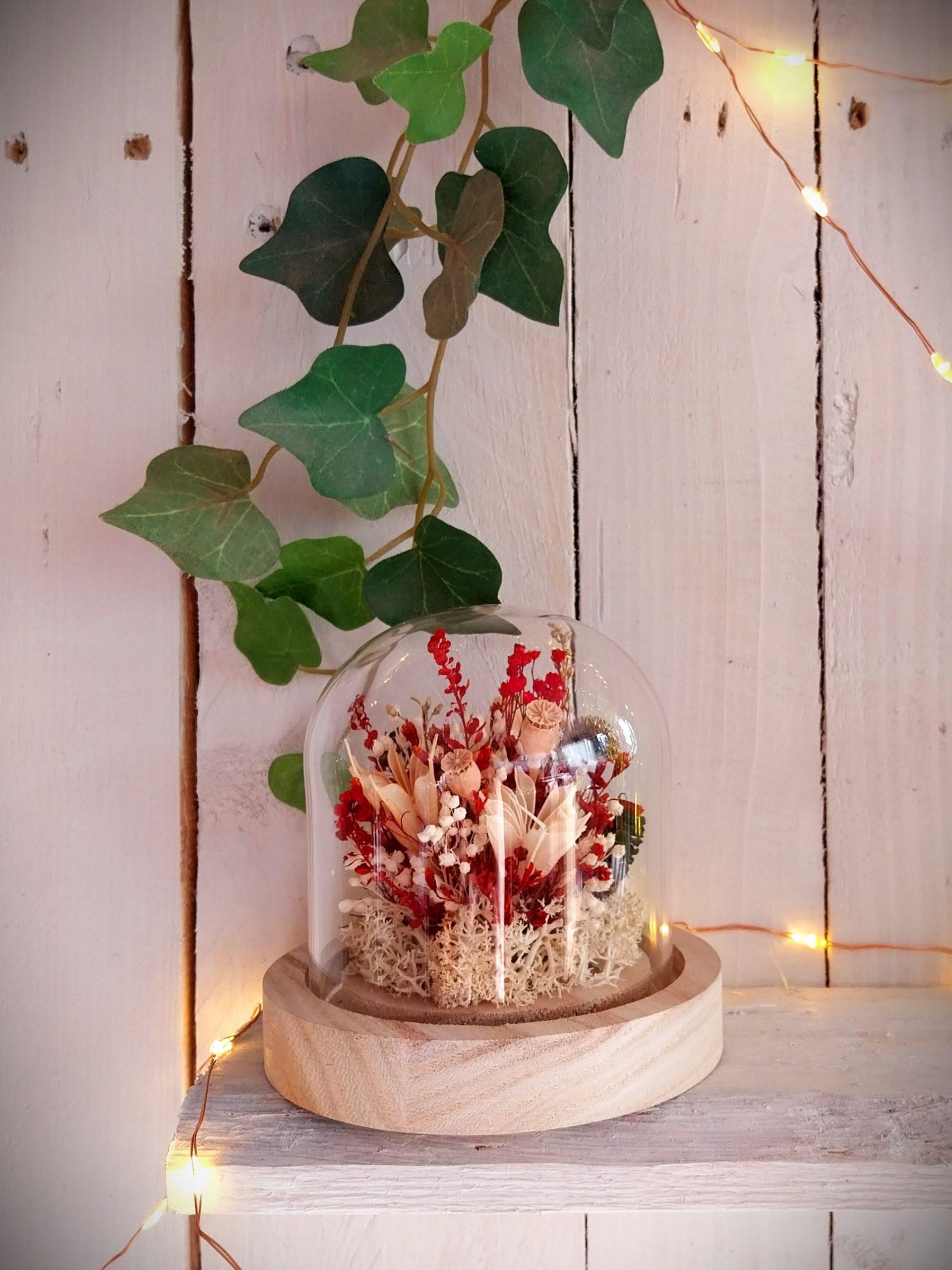 Petit jardin champêtre de fleurs séchées sous verre Nigelle