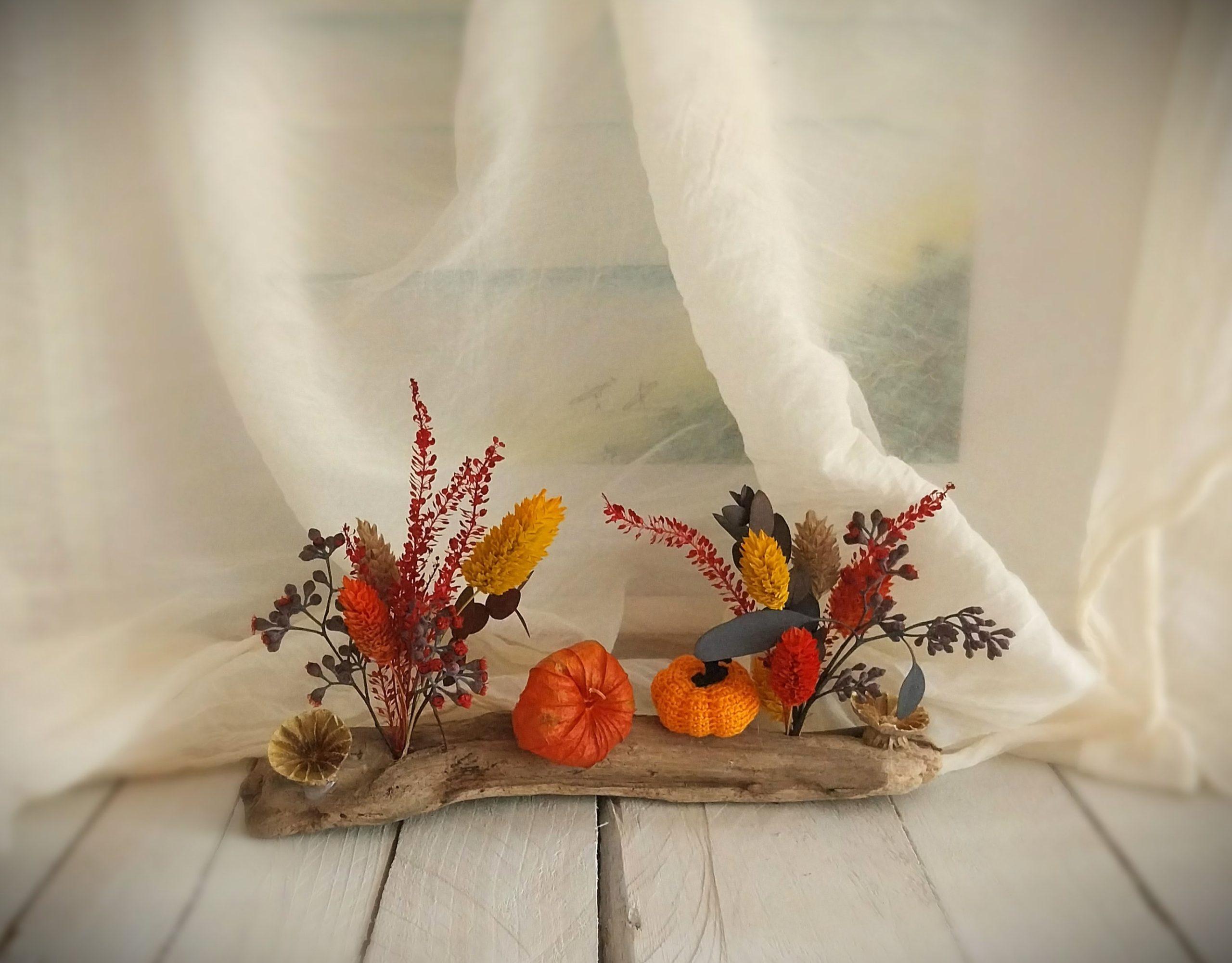 Bois flotté et fleurs séchées décoration automnale