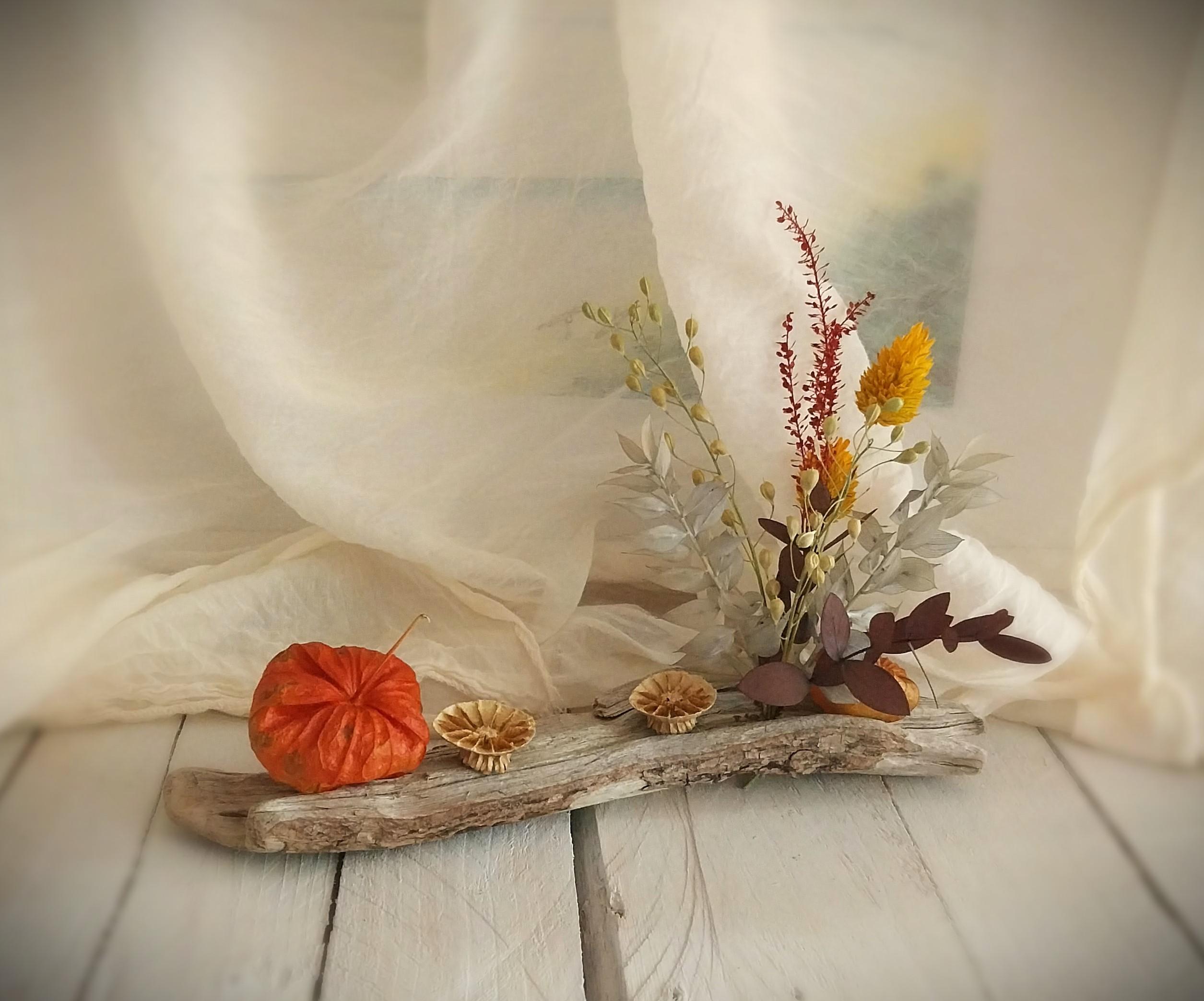 Bois flotté et fleurs séchées décoratif