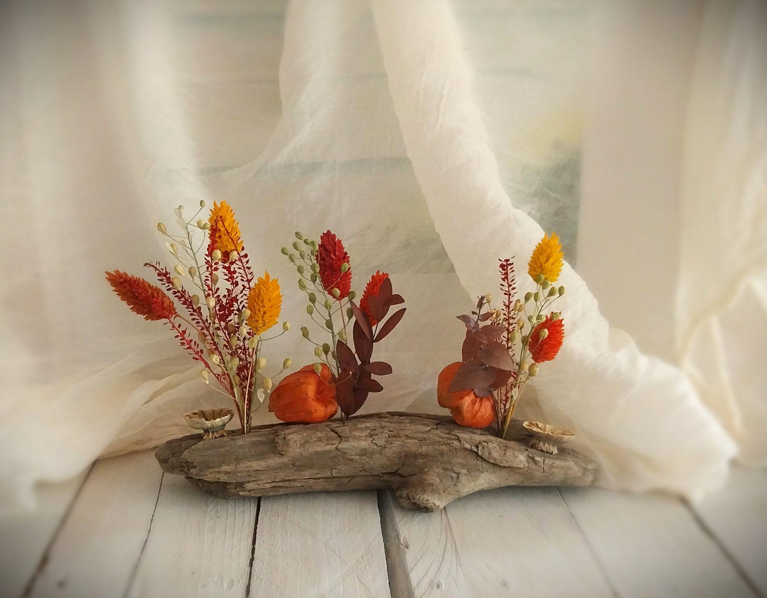 Bois flotté et fleurs séchées décoration automnale