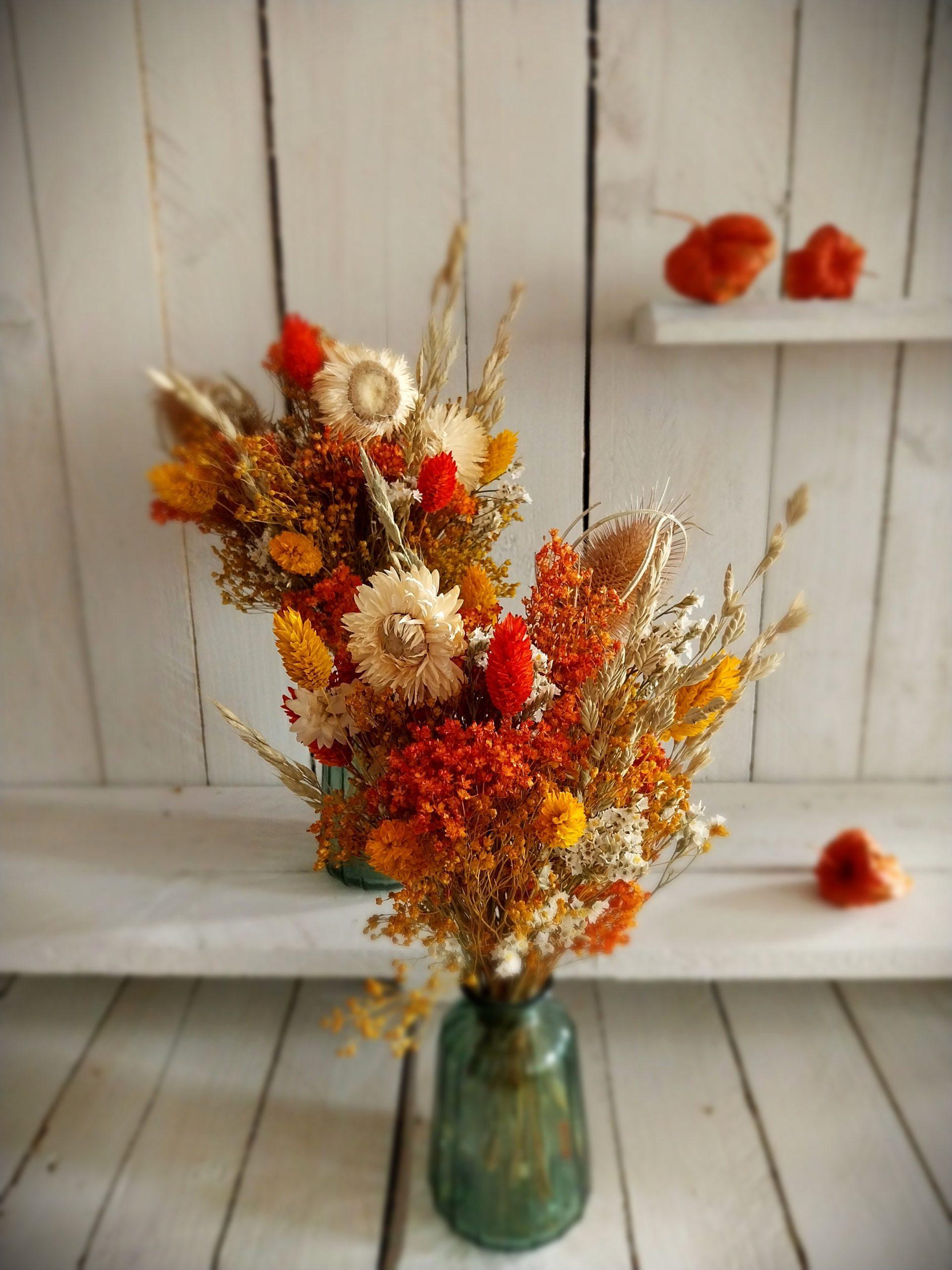 Bouquet de fleurs séchées Limo avec vase vert bouteille